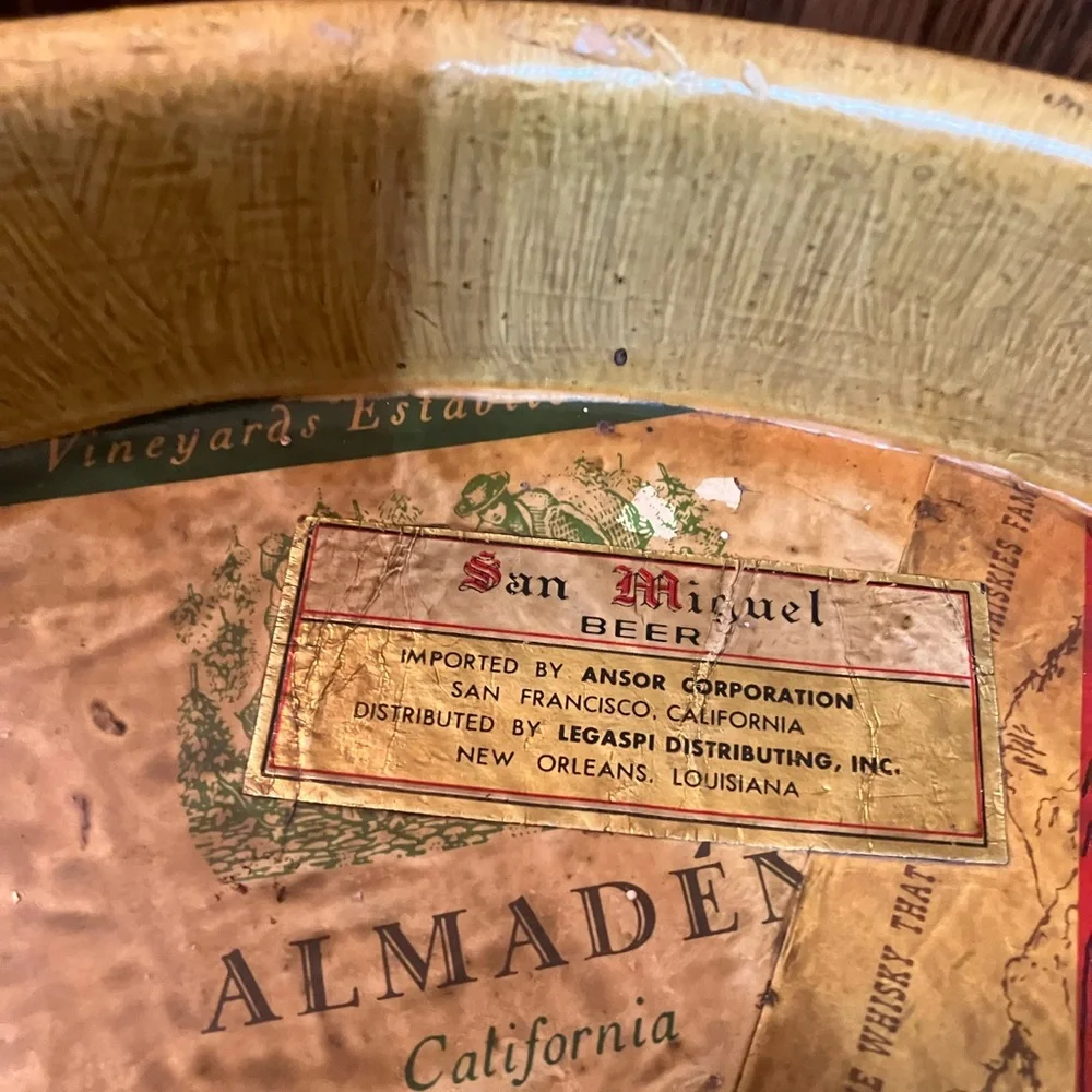 Vintage Liquor Labels Tin Metal Tray Decoupaged 13.5” Wide Unique Bar Decor